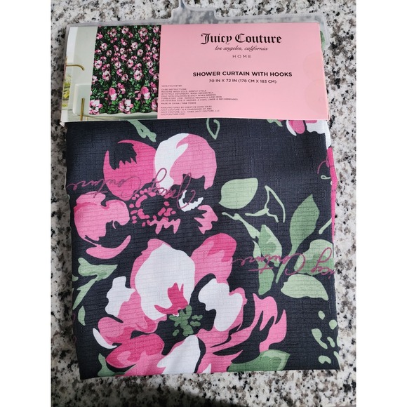 NWT JUICY COUTURE SHOWER CURTAIN WIT HOOKS PEONIES / HIBISCUS FLORAL PRINT - Picture 3 of 4